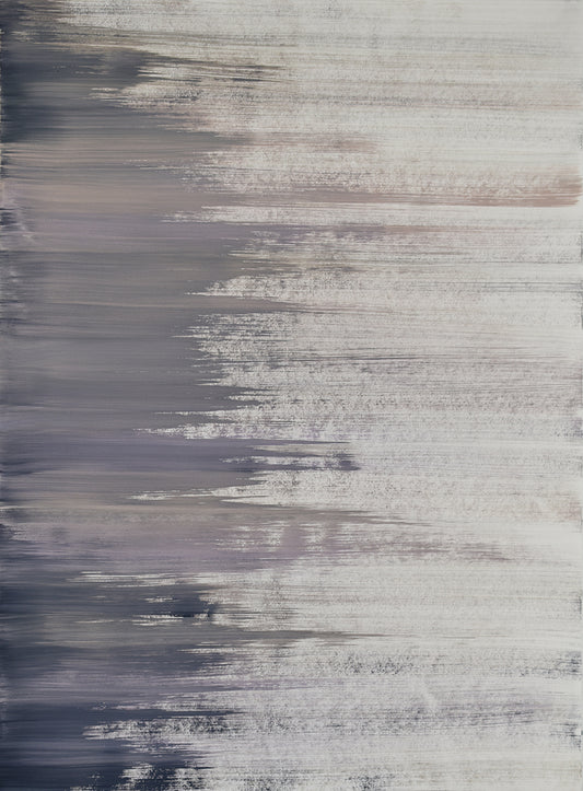 Abstract painting with horizontal brush strokes in gray, brown, and white.