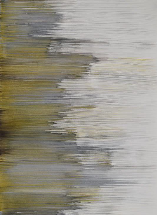 Abstract painting with horizontal brush strokes in gray, yellow, and white.