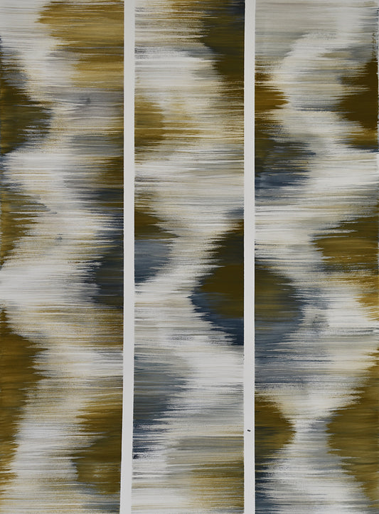 Abstract painting with wavy lines in brown, white, and blue on a white background