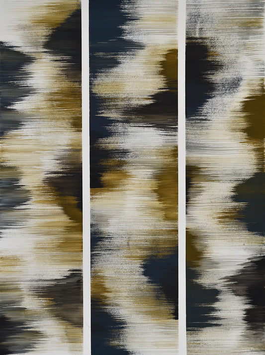Abstract painting with brown, black, and white patterns on a white background