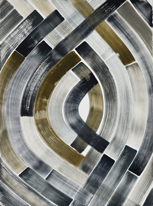 Abstract painting with concentric circular patterns in black, gold, and gray.