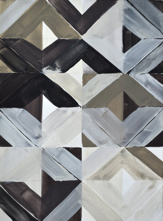 Geometric painting with black, white, and gray triangles on a textured background