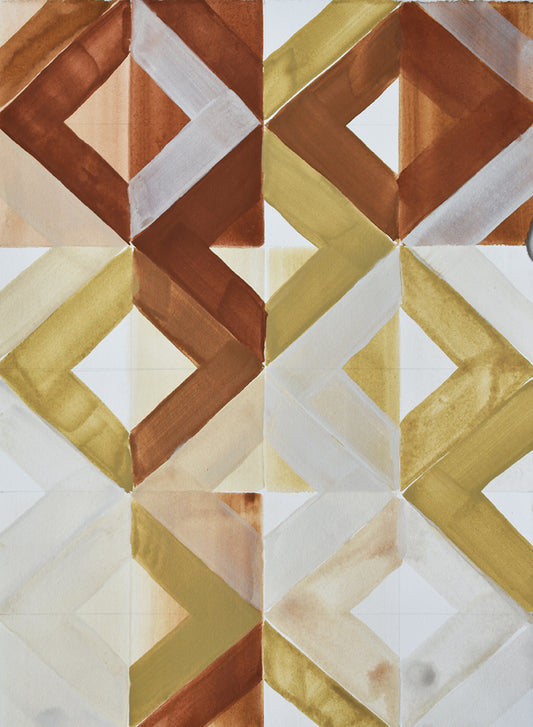 Geometric patterned painting with brown, gold, and white colors on a white background