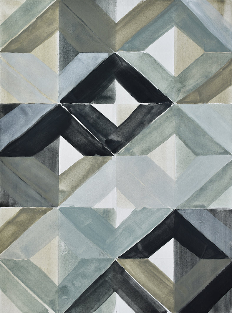 Geometric painting with interlocking triangles in gray, black, and beige tones.