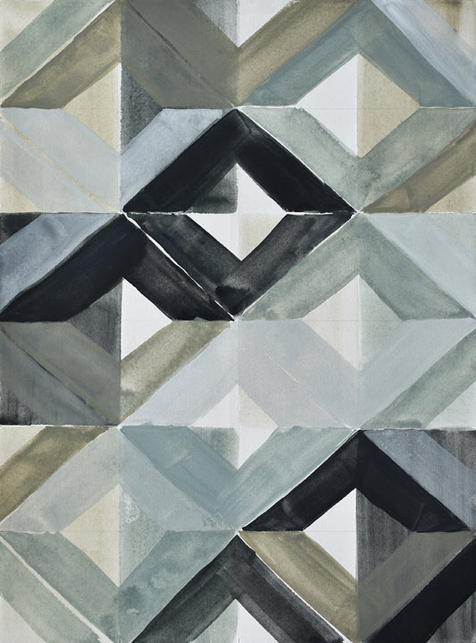 Geometric painting with interlocking triangles in gray, black, and beige tones.
