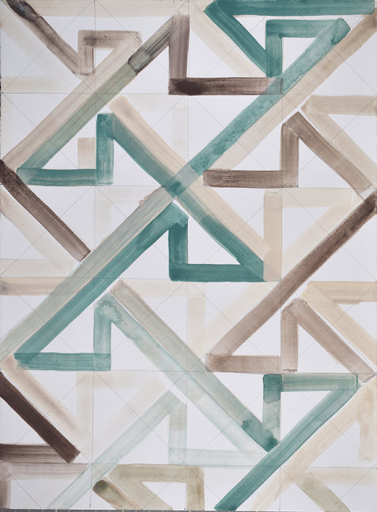 Geometric painting with interlocking shapes in green, brown, and beige on a white background