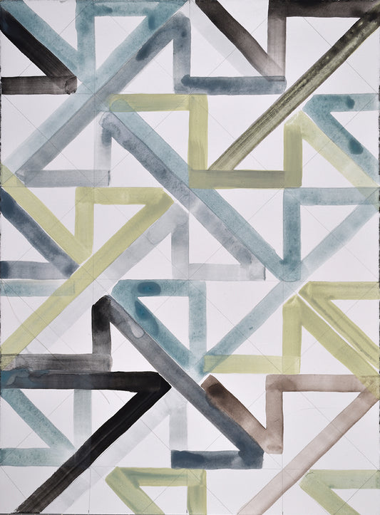 Geometric painting with interlocking triangles in various colors on a white background