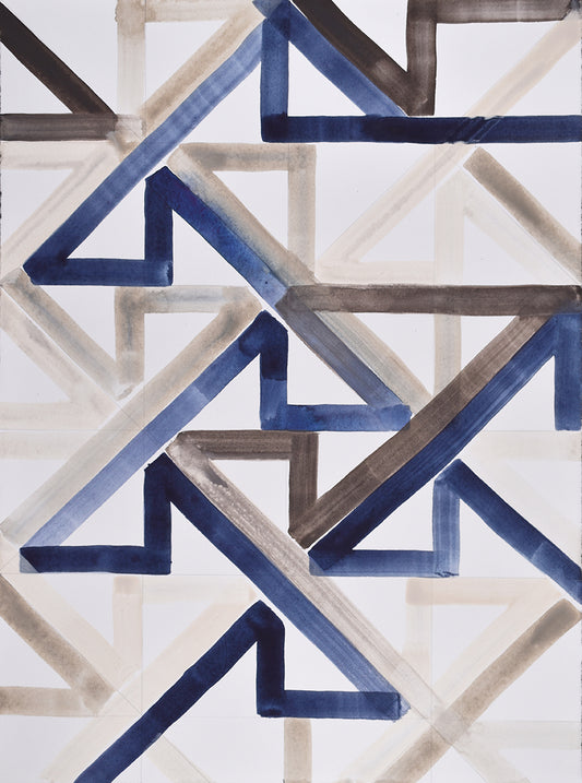 Geometric painting in blue, tan and grey on white background