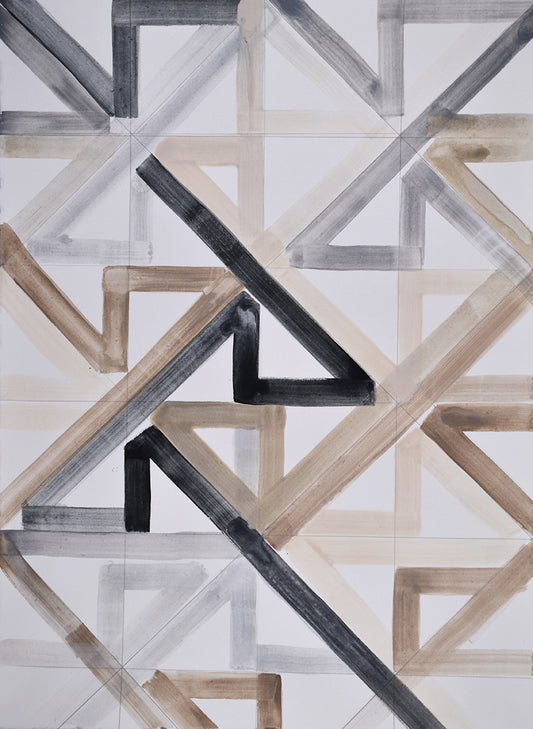 Geometric painting of triangles in black, gray, and beige on a white background