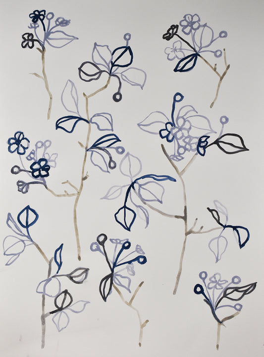 Decorative floral painting with blue and black lines on a white background