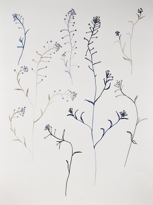 painting of floral branches with small flowers on a light gray background