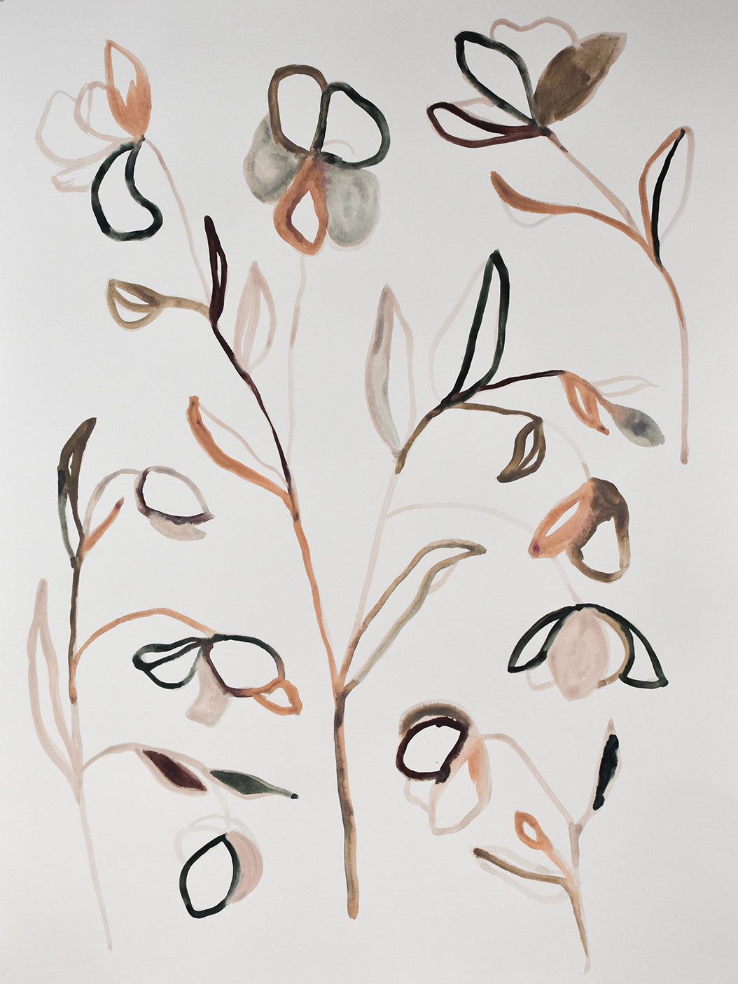 Abstract botanical painting with brown, black, and beige elements on a white background