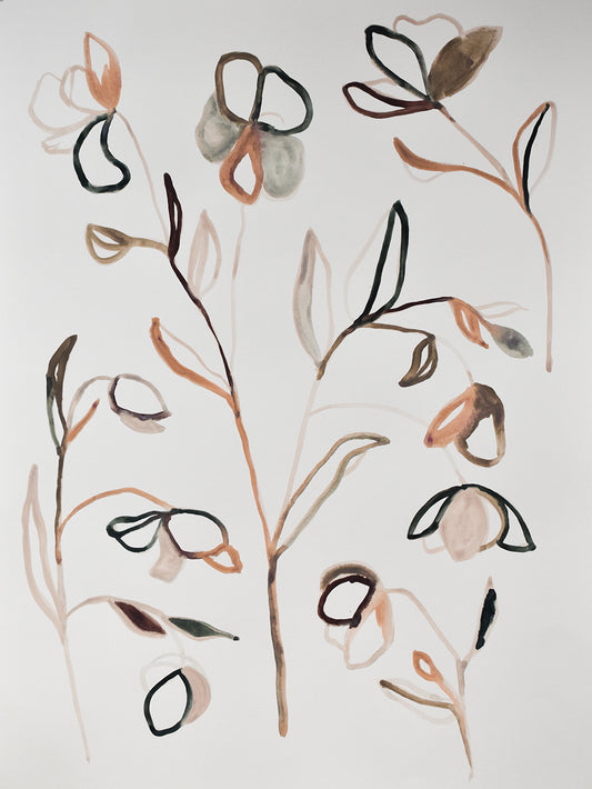 Abstract botanical painting with brown, black, and beige elements on a white background
