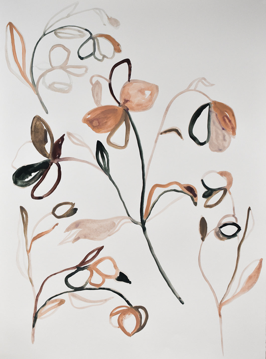 Abstract floral painting with brown, peach and black on a light background