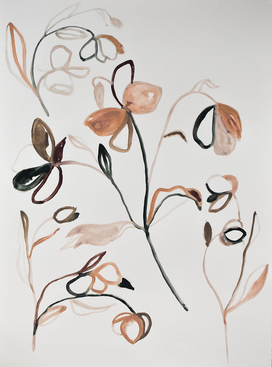 Abstract floral painting with brown, peach and black on a light background