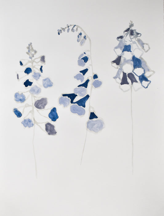 painting of blue and gray floral designs on a white background