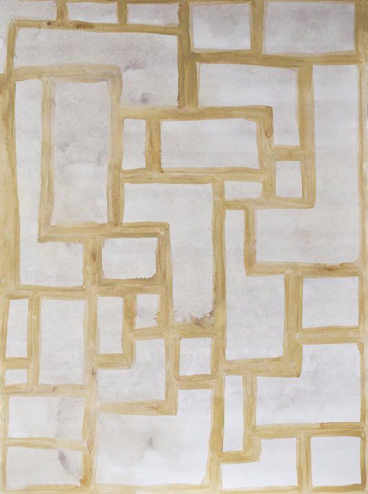 Geometric patterned painting with beige squares on a light gray background