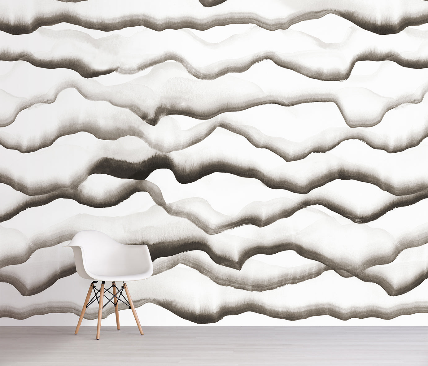 Wallpaper with brown wavy cloud pattern in a minimal room with a chair.
