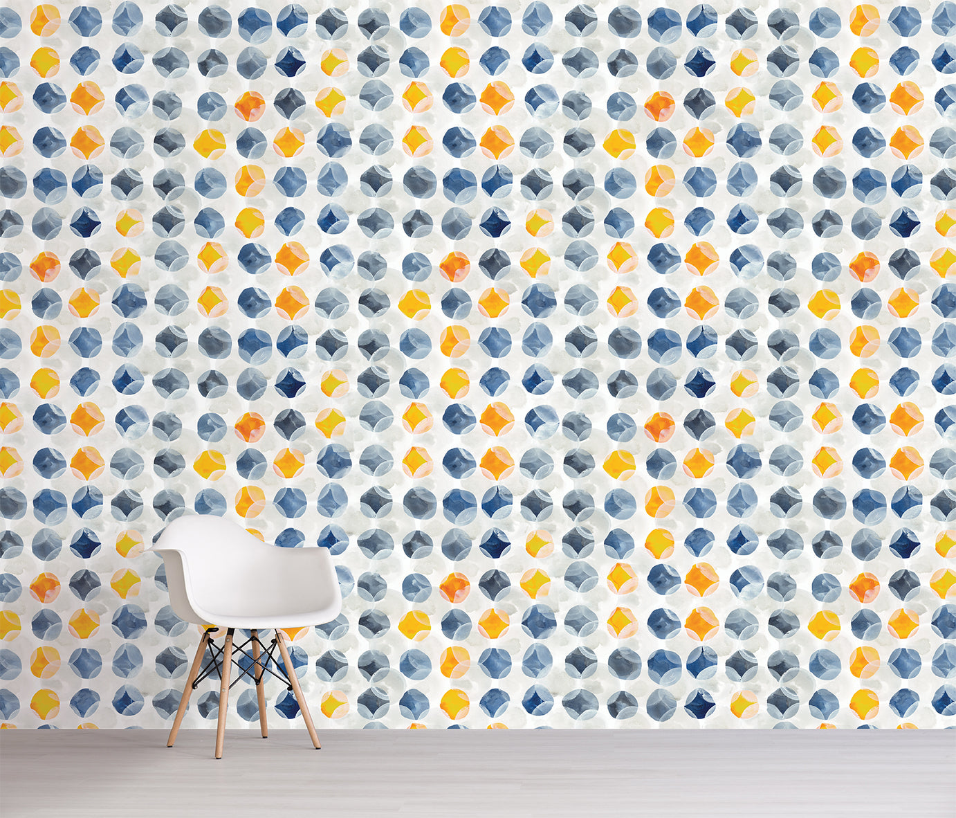 Wallpaper with geometric pattern of blue, yellow, and gray shapes on a white background.