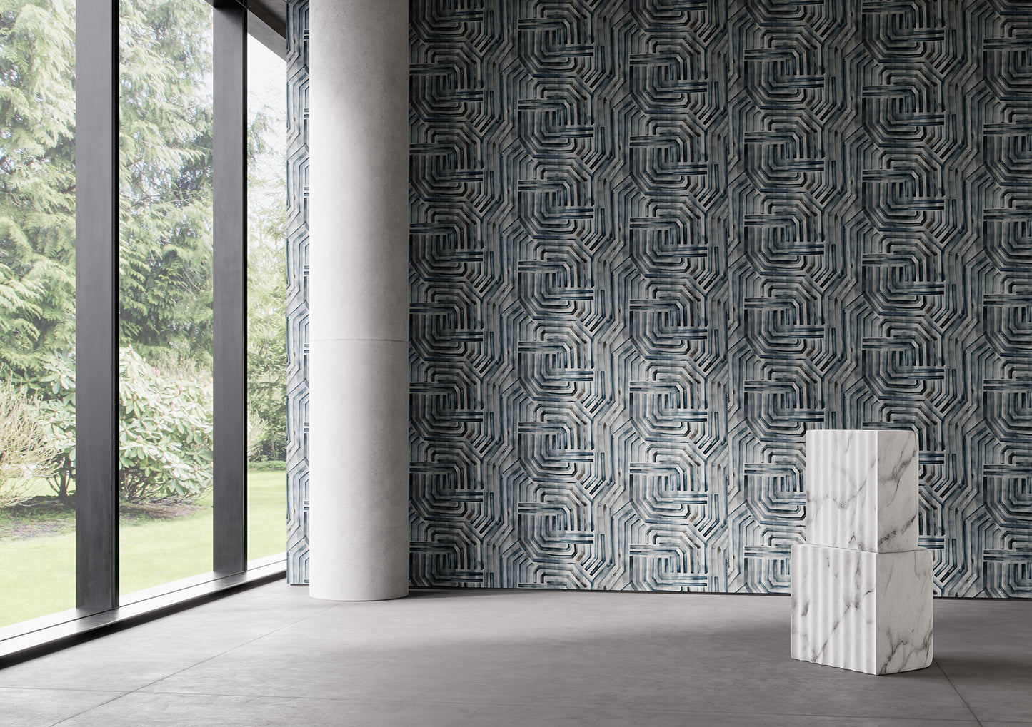 Modern interior with grey geometric patterned wall and marble chair