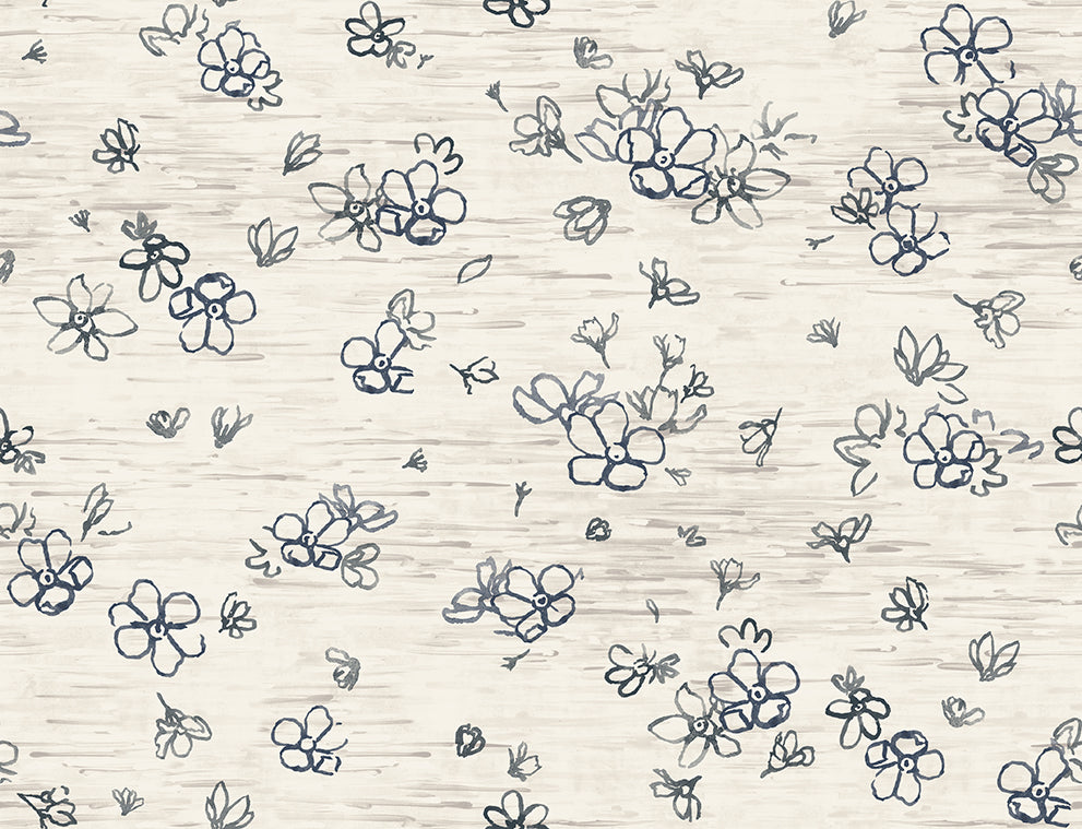 Pattern of hand-drawn blue flowers on a textured background