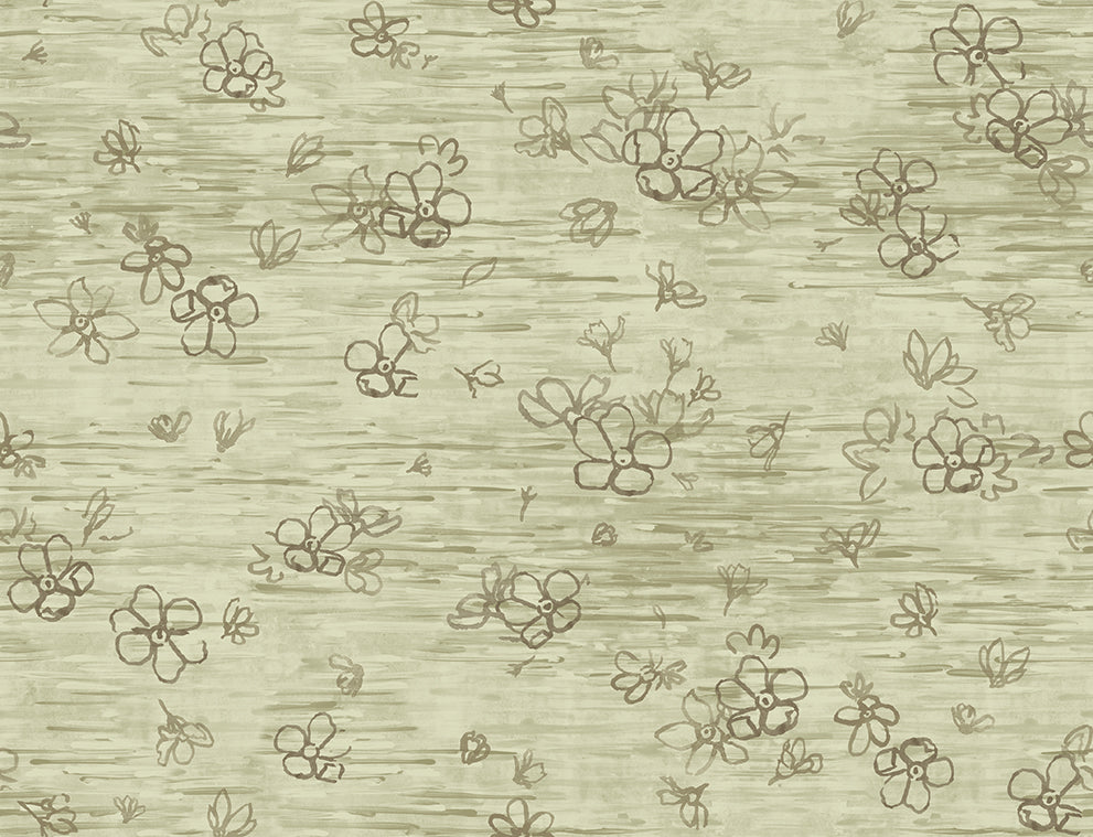 Decorative pattern of green flowers on a textured beige background