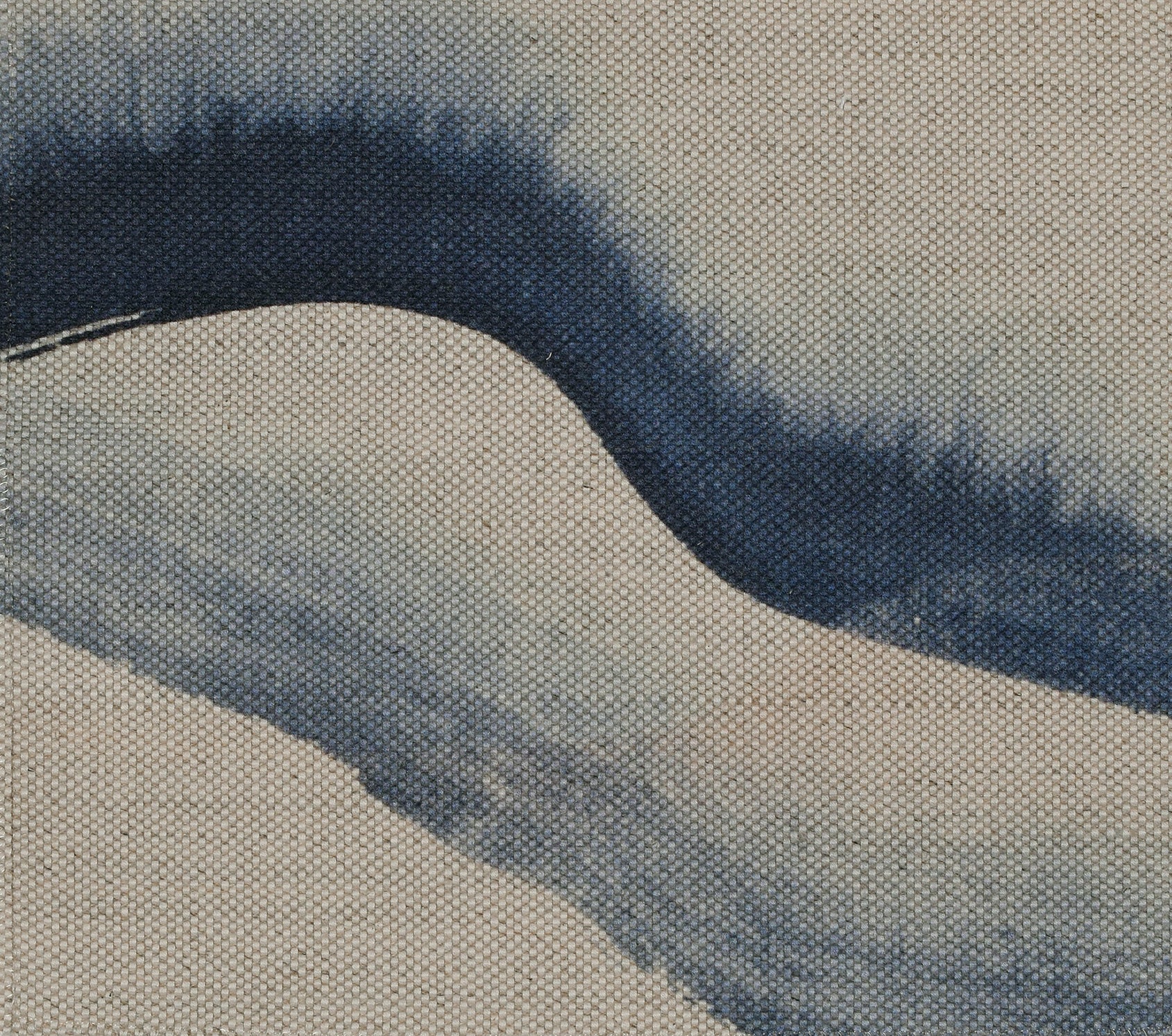 Abstract brush strokes with blue and beige shapes on a oatmeal fabric