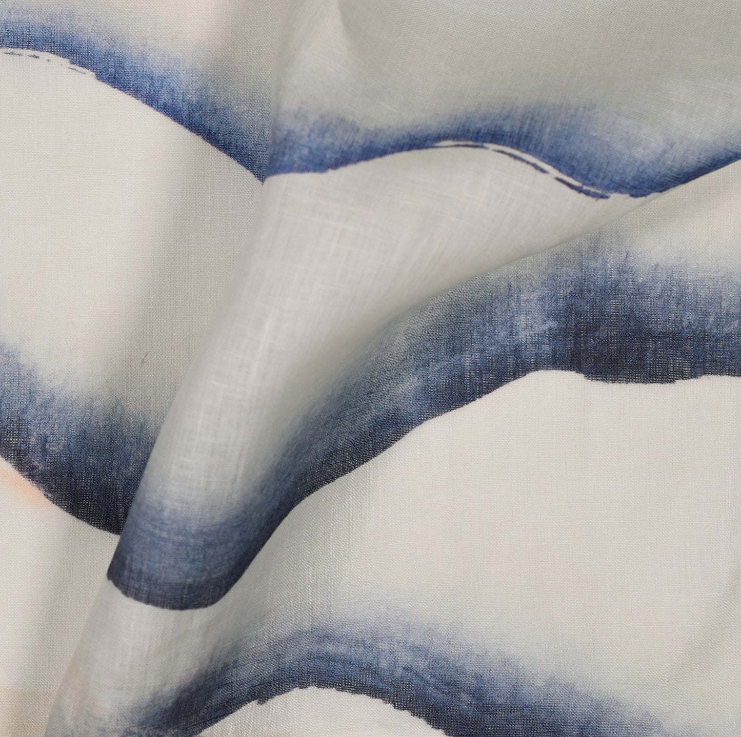 Abstract brush strokes with blue and beige shapes on a light sheer fabric
