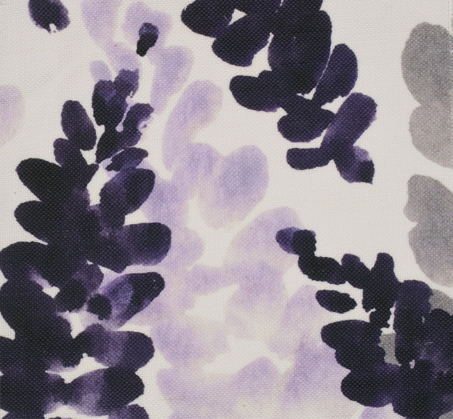 Floral pattern with lavender shapes on a light fabric
