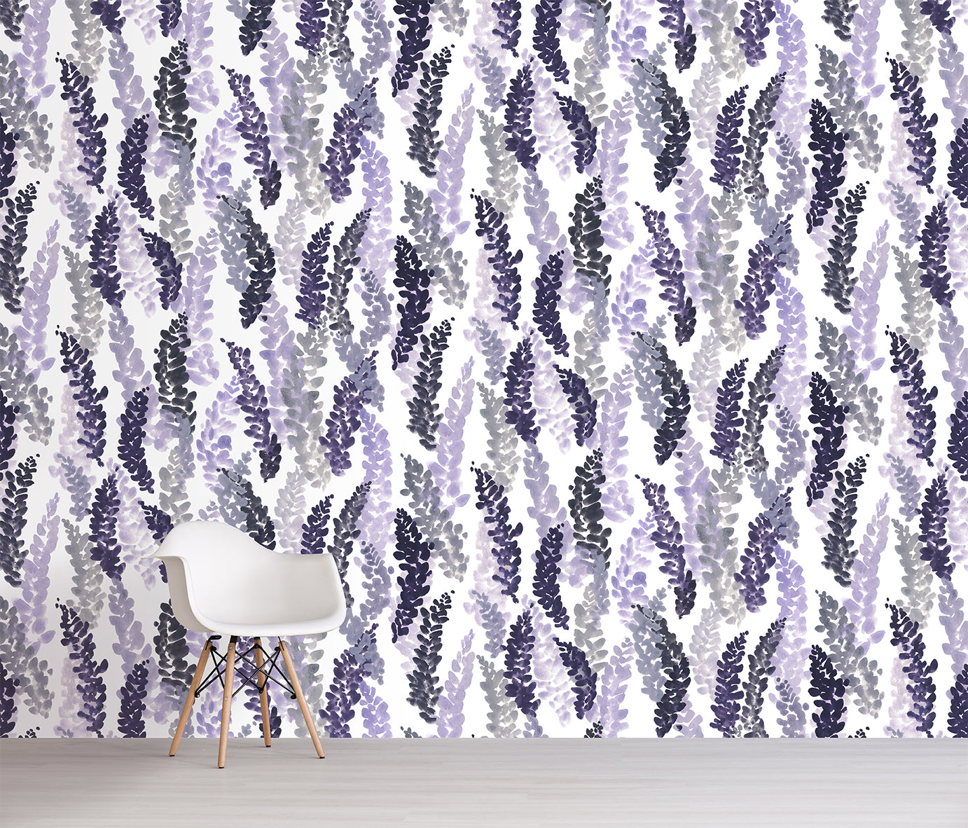 Wallpaper with lavender pattern and a white chair in front