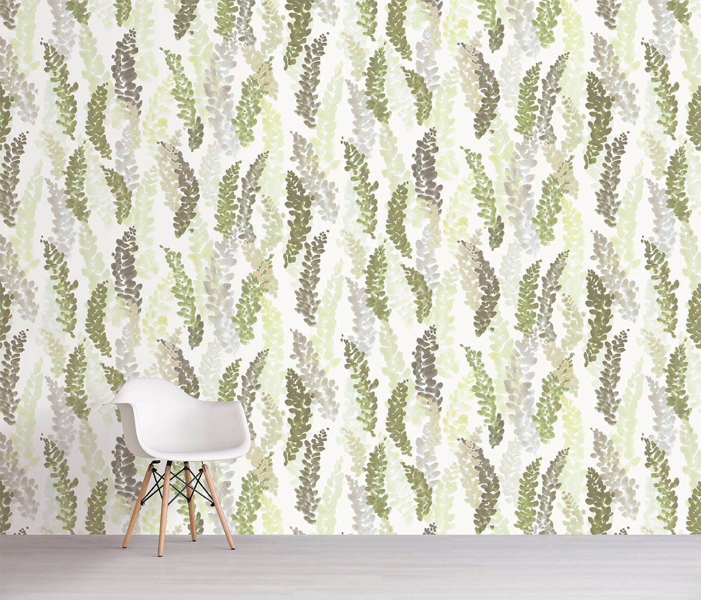 Fern leaf patterned wallpaper with a white chair in front