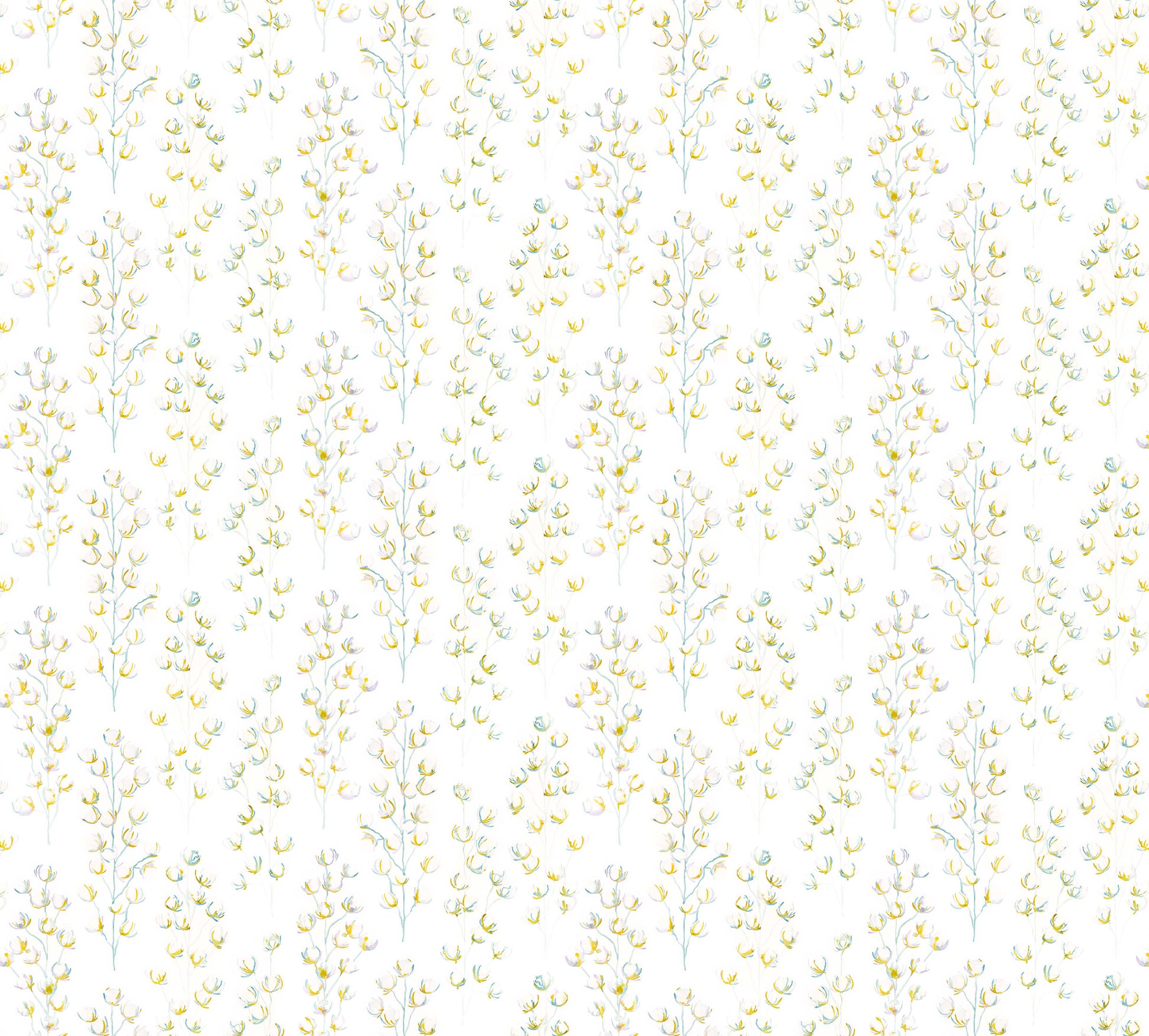Floral branches in green and blue on white background