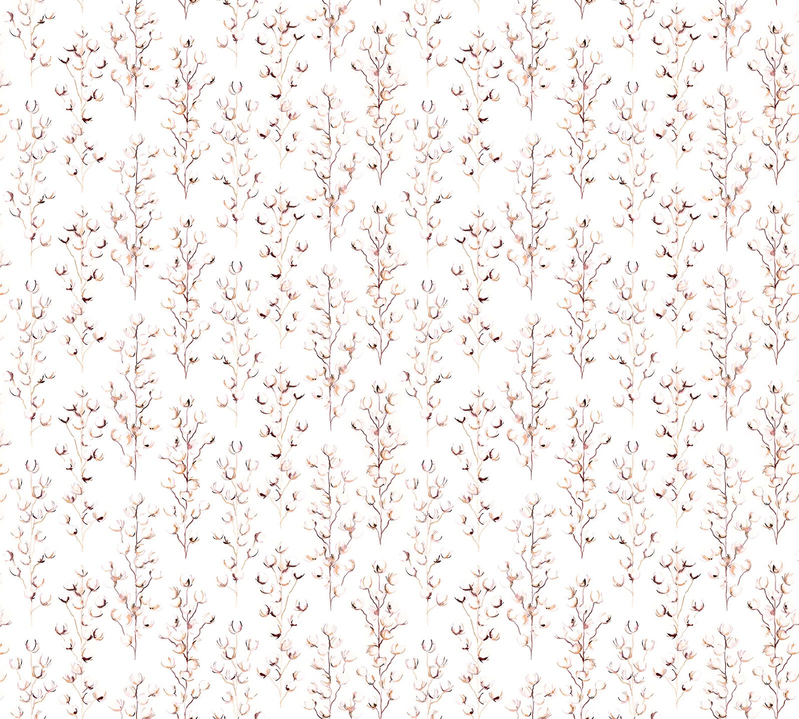 Pattern of thin branches with small pink buds on a light background