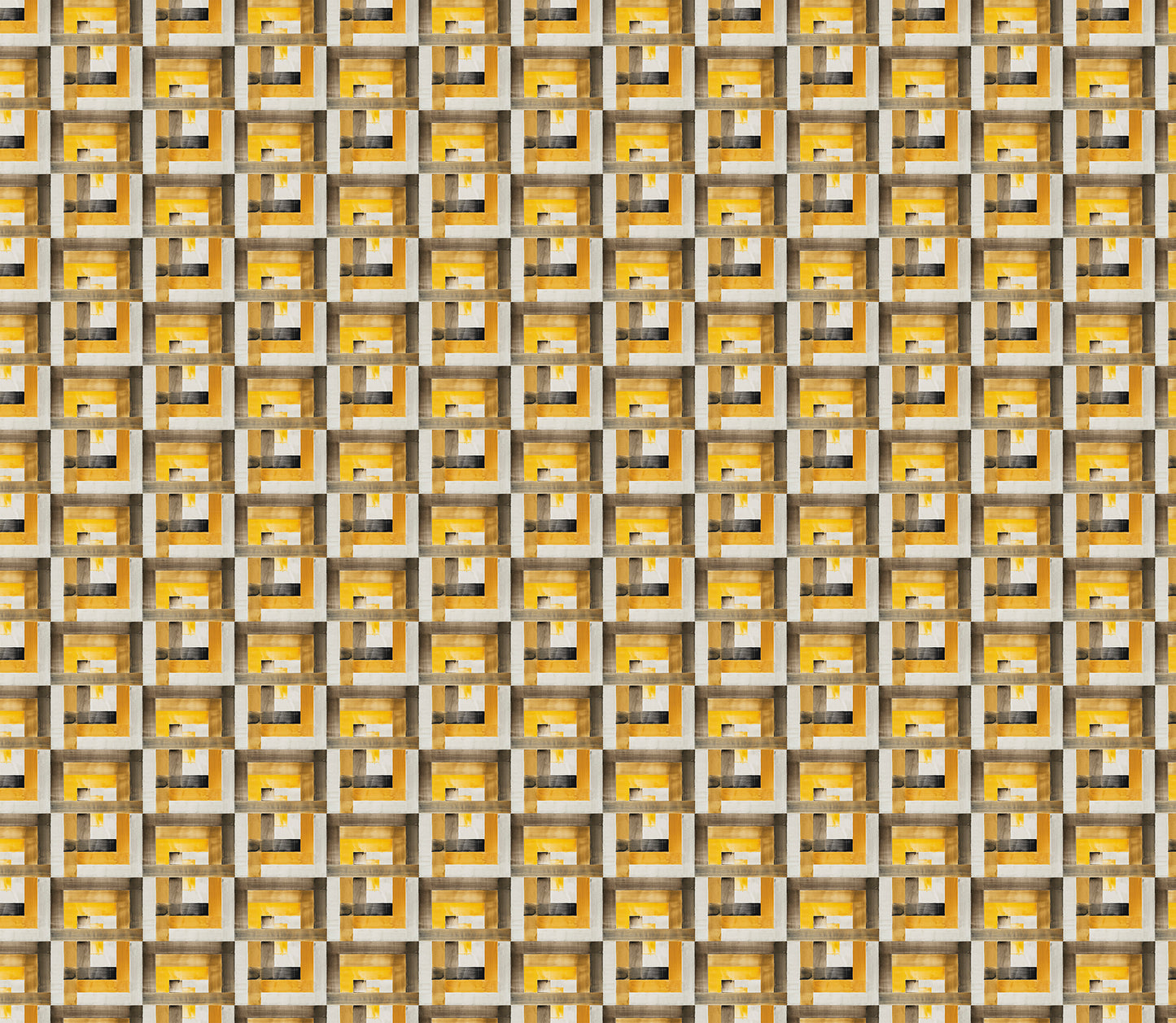 Pattern of geometric shapes in yellow, brown, and gray on a grid background