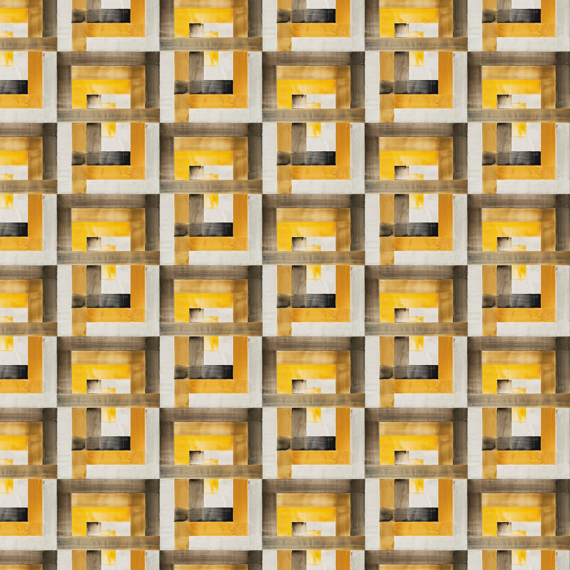 Pattern of geometric shapes in yellow, brown, and gray on a grid.