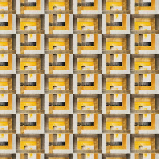 Pattern of geometric shapes in yellow, brown, and gray on a grid.