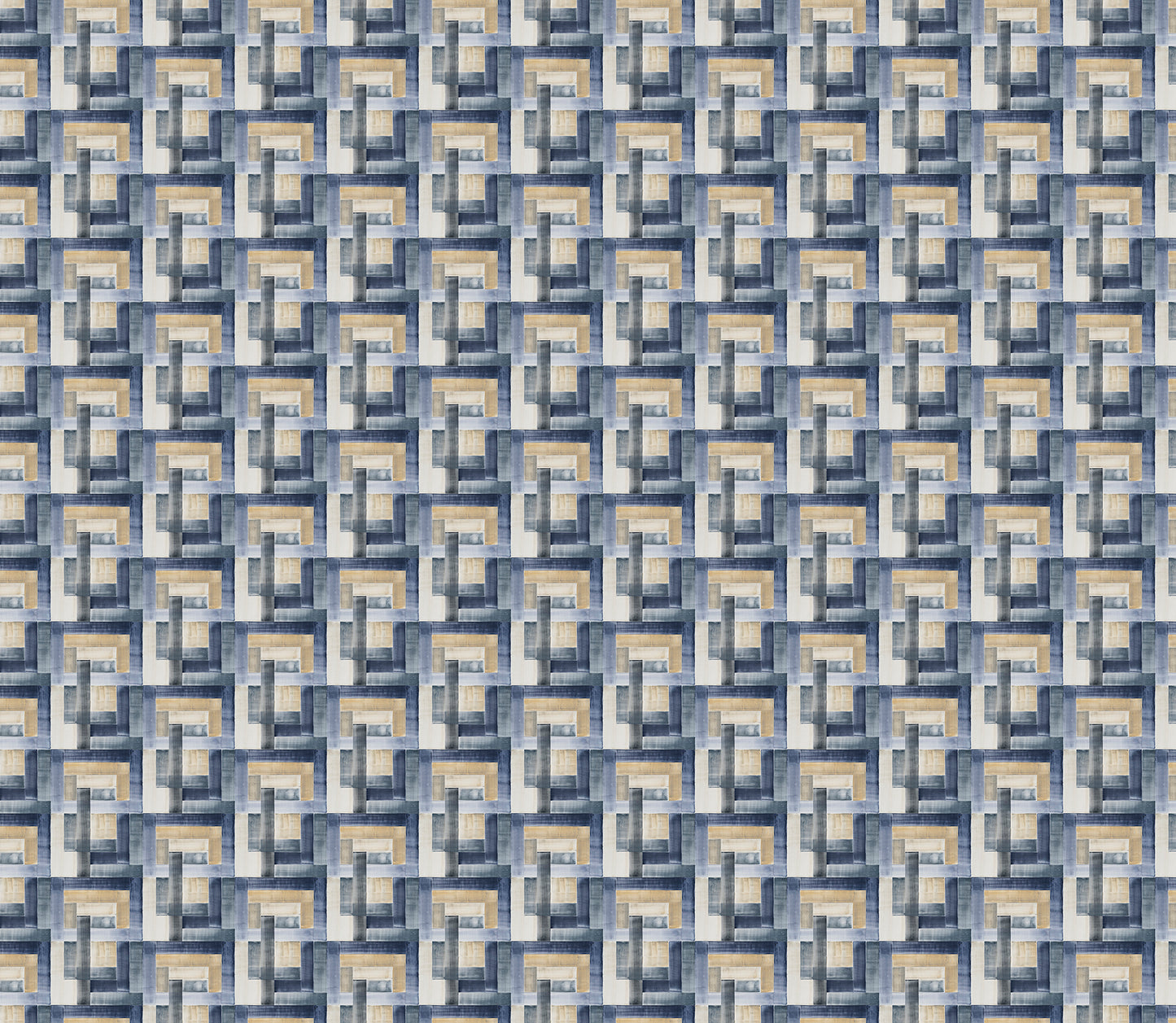 Patterned fabric with geometric design in blue, beige, and gray.