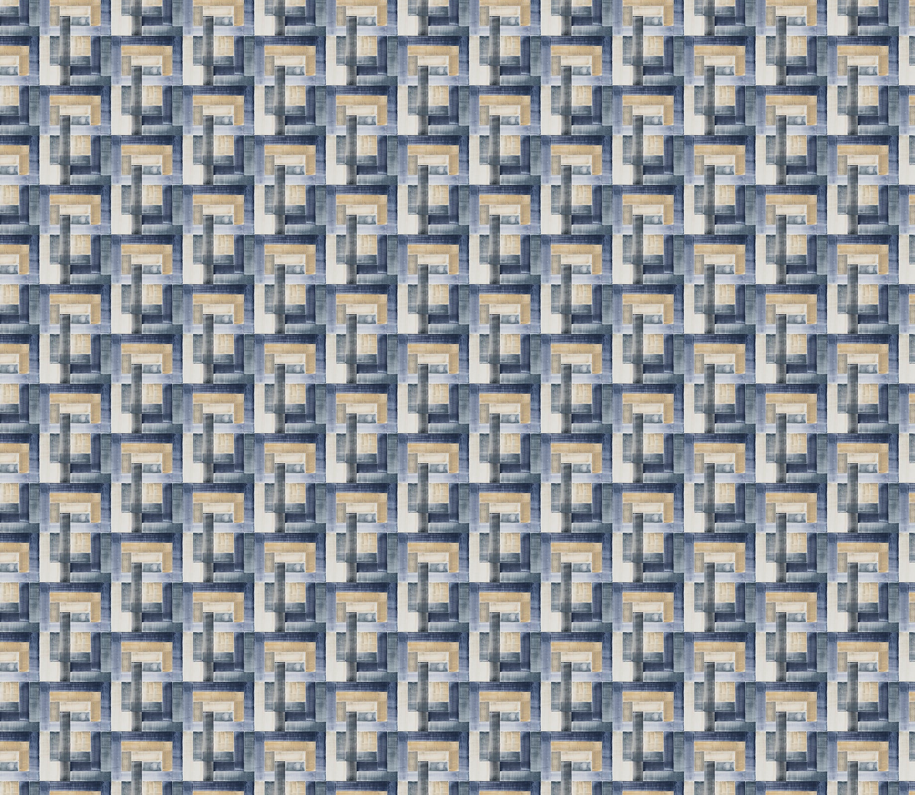 Patterned fabric with geometric design in blue, beige, and gray.