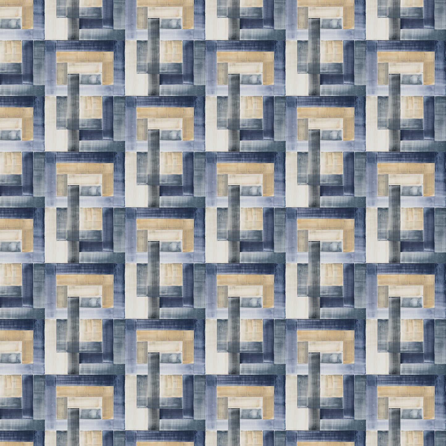 Patterned fabric with geometric design in blue, beige, and gray.