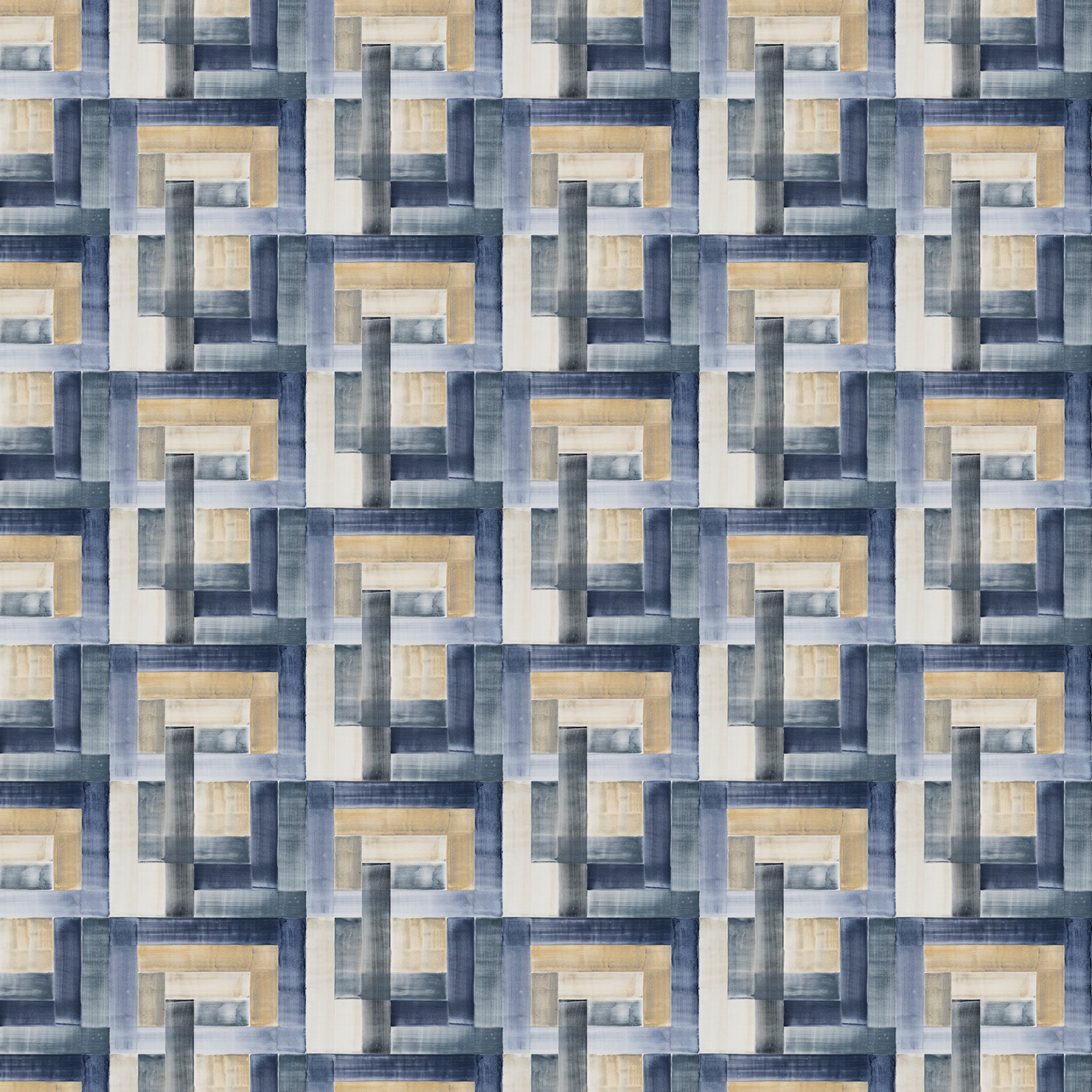 Patterned fabric with geometric design in blue, beige, and gray.