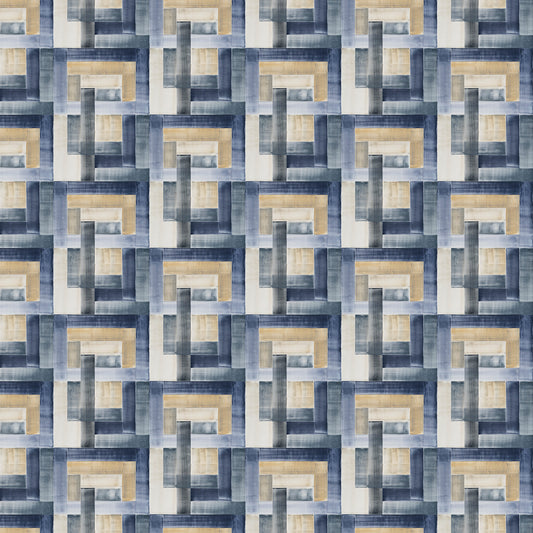 Patterned fabric with geometric design in blue, beige, and gray.