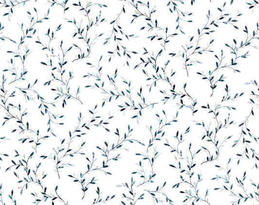 Pattern of blue leaves on a white background