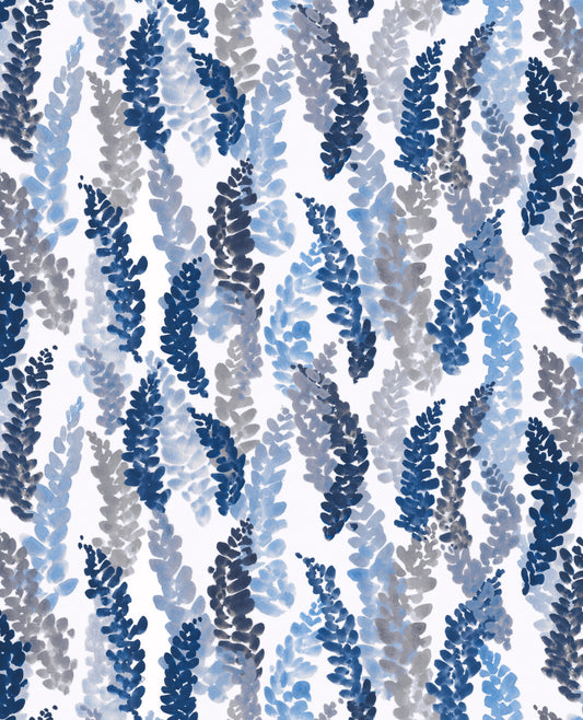 Floral leaf pattern in blue and gray on a white background