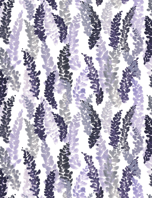 Pattern of purple and gray florals on a white background
