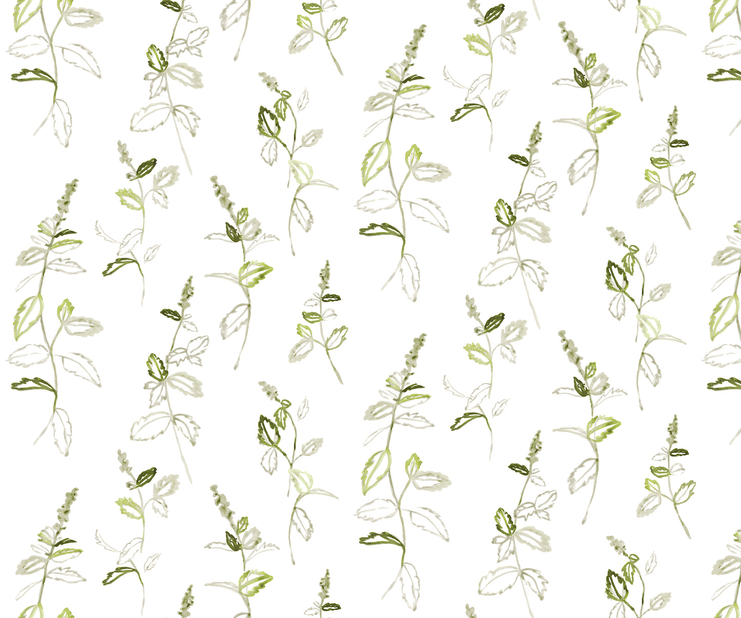 Pattern of green leaves and stems on a white background