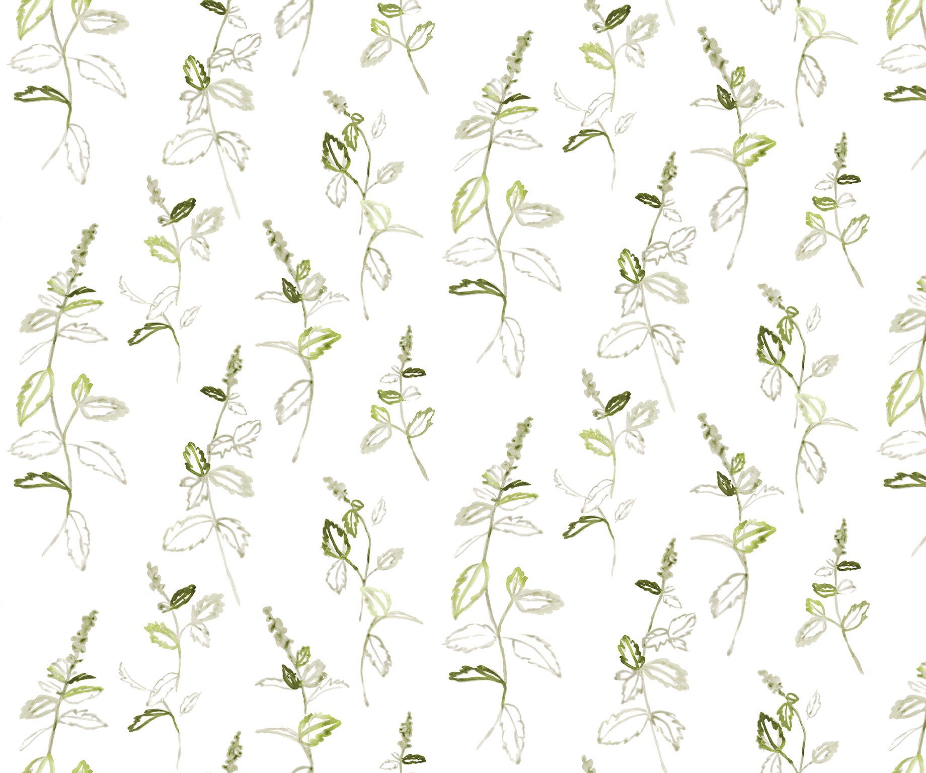 Pattern of green leaves and stems on a white background