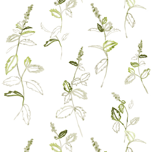 Pattern of green leaves and stems on a white background