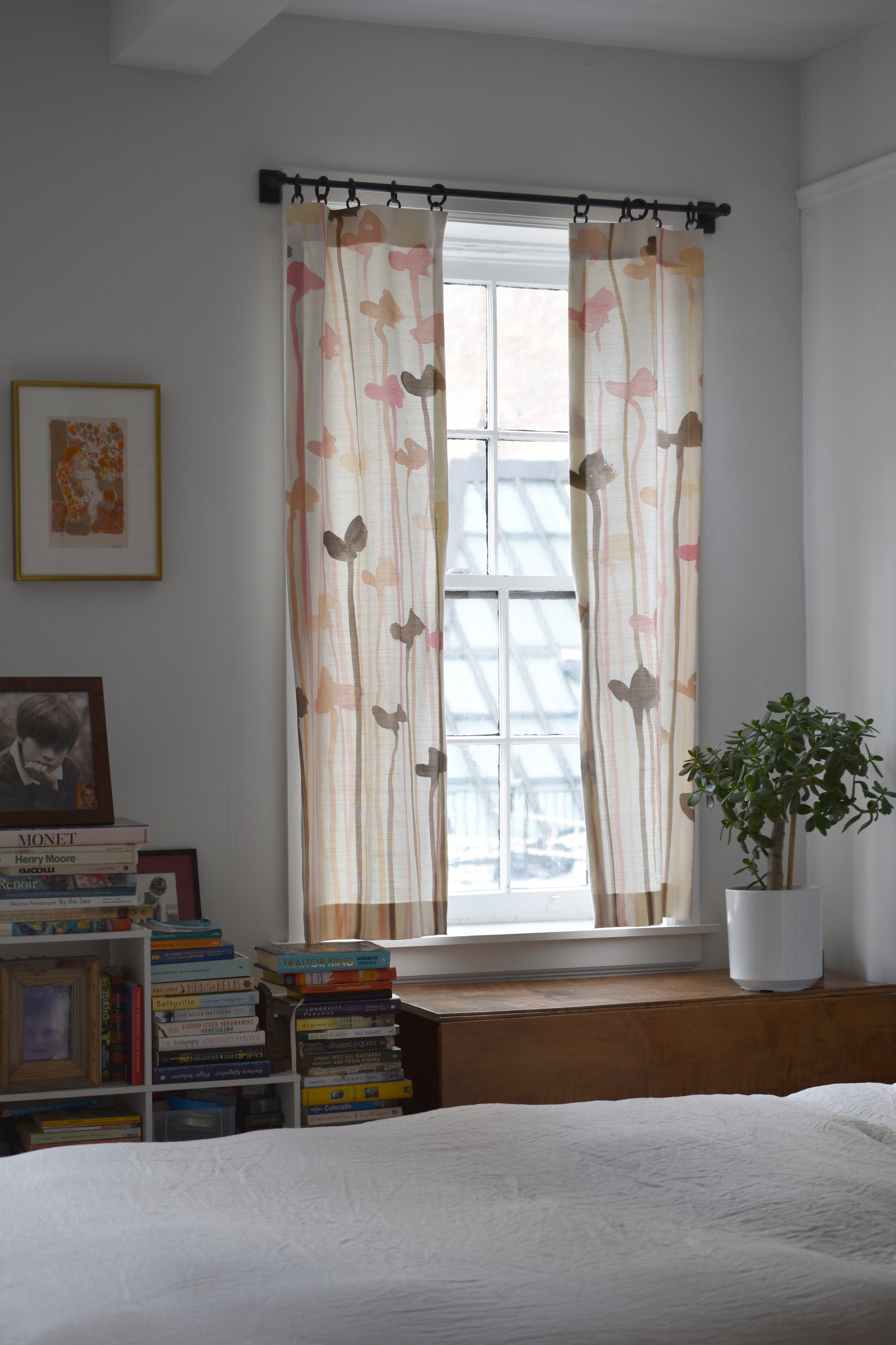 Room with floral curtains, books, and a plant on a windowsill.