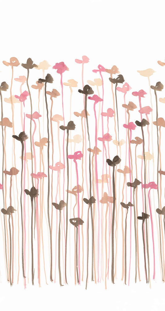 Pattern of stylized flowers with pink and brown colors on a white background