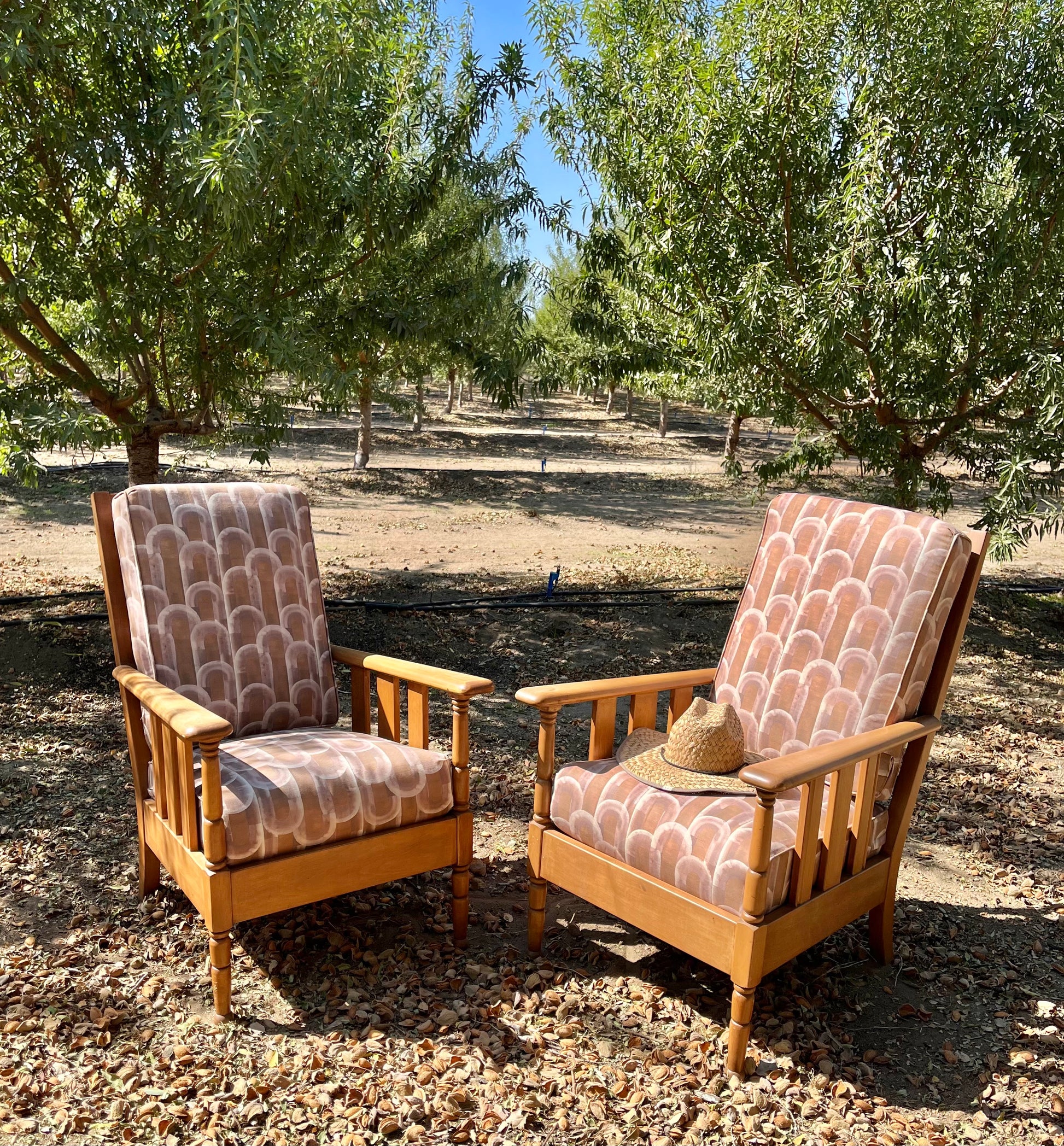 Two wooden chairs with patterned cushions in a tree-lined outdoor setting.